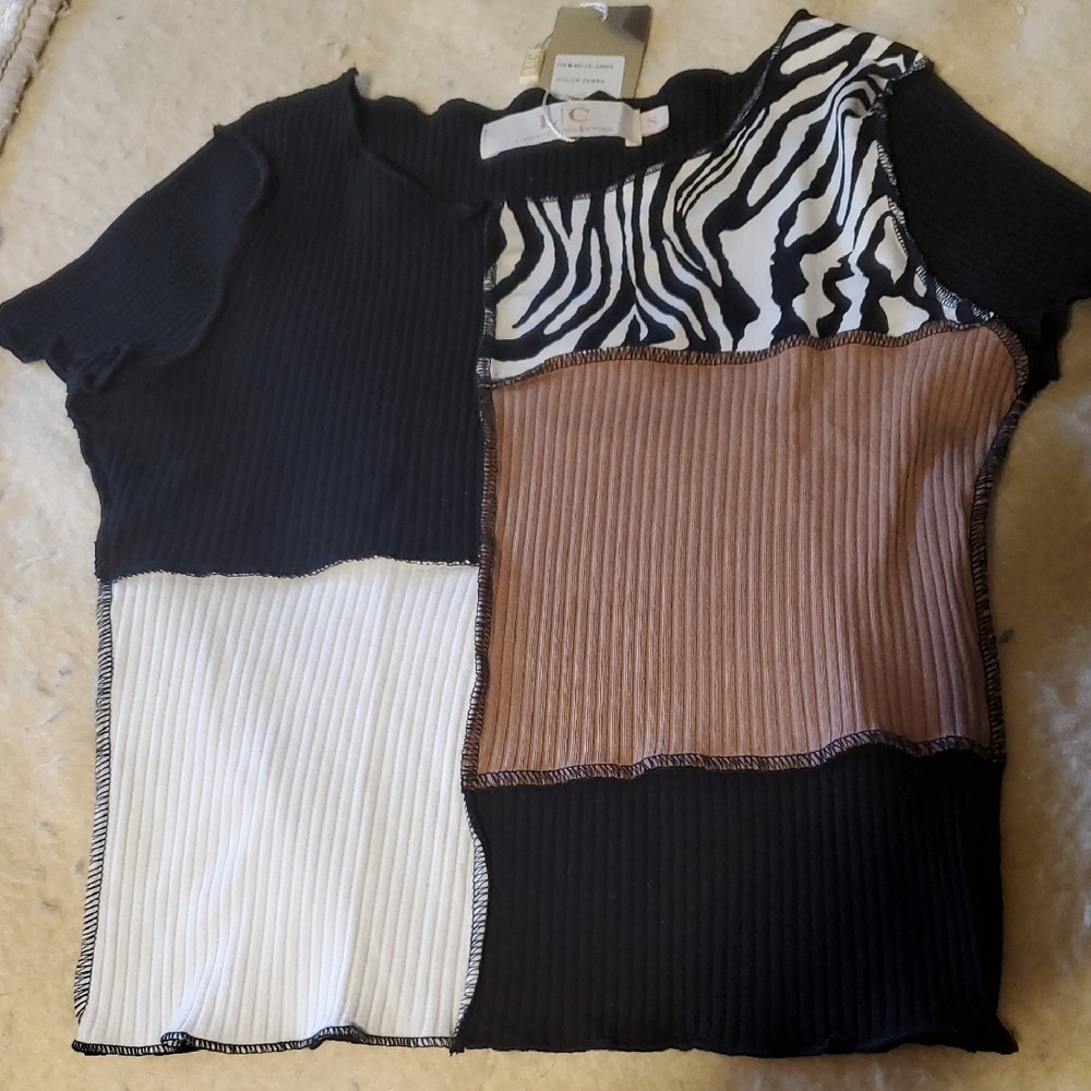 Patchwork Short Sleeve Top - Black, White, Brown